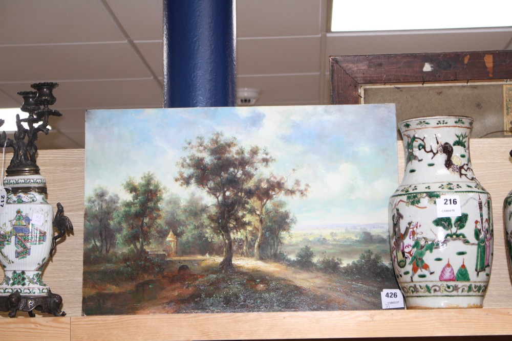 Ernest Mugin, three oils on panel, Rustic landscapes, signed, 40 x 60cm, pair 30 x 40cm